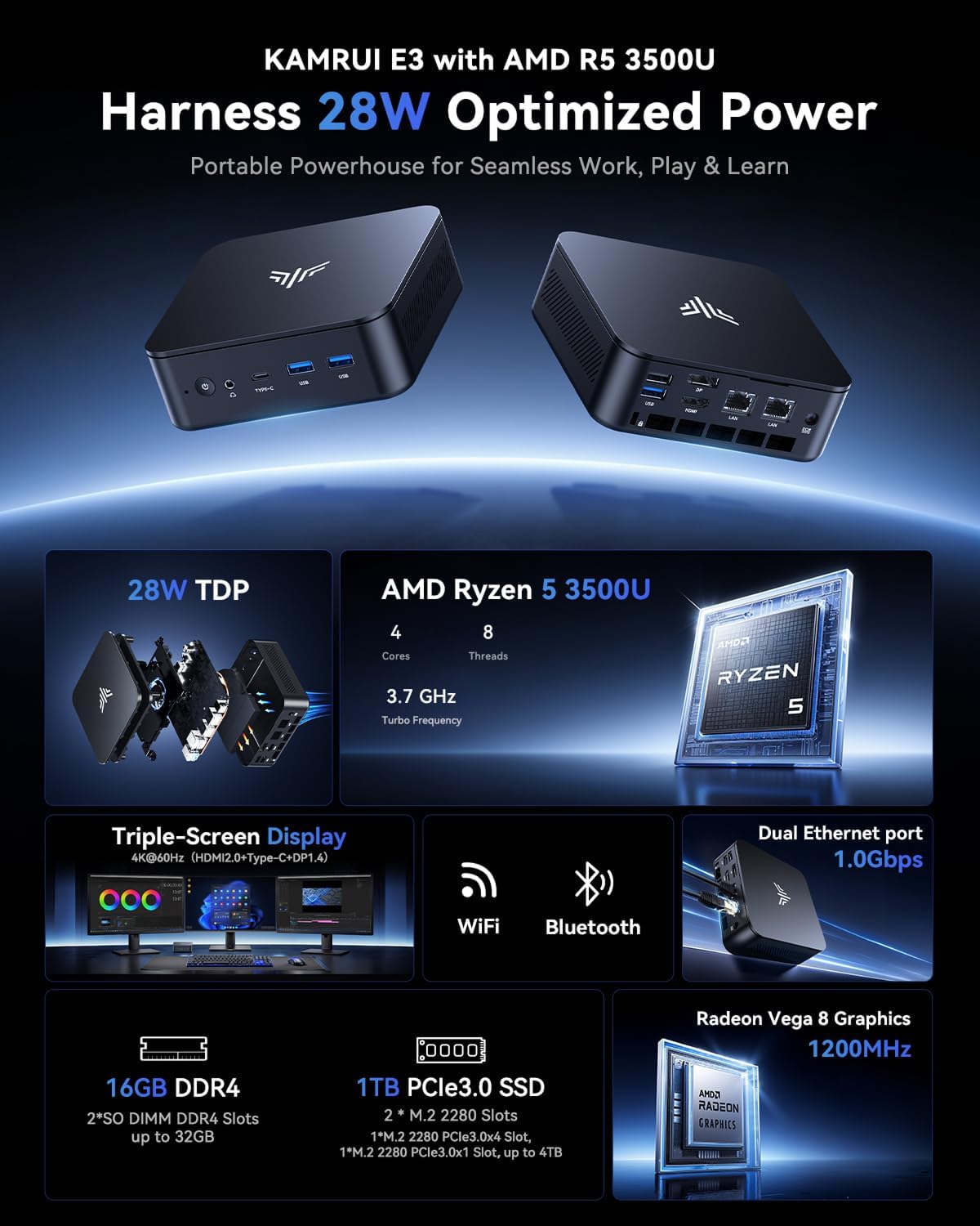 KAMRUI Mini PC, Ryzen 5 3500U (Beats N150/N97 Up to to 3.7 GHz), 16GB RAM 1TB SSD Mini Computers, Mini Desktop Computers Support Dual LAN, Triple 4K Display, WiFi, BT, Office, Home, Business