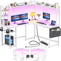 Aheaplus L Shaped Desk with Power Outlet, L Shaped Gaming Desk with Led Light & Hutch, Reversible Home Office Desk, Corner Computer Desk Writing Desk with Monitor Stand & Storage Shelves, White