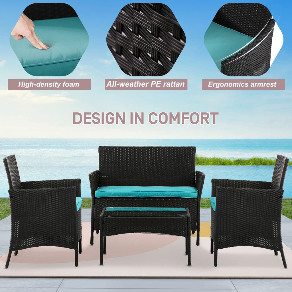 4 Pieces Wicker Patio Furniture Set Conversation Chairs with Table, Outdoor Rattan Patio Set for Balcony Backyard Front Porch Deco with Cushion Seat, Blue