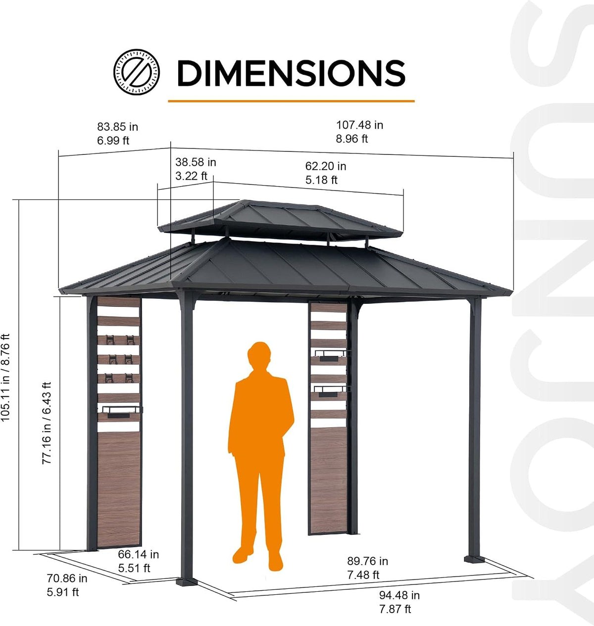 Sunjoy 7 x 9 ft. Grill Gazebo, 2-Tier Hardtop Gazebo Pergola with Ceiling Hooks and Storage Shelves, Matte Black