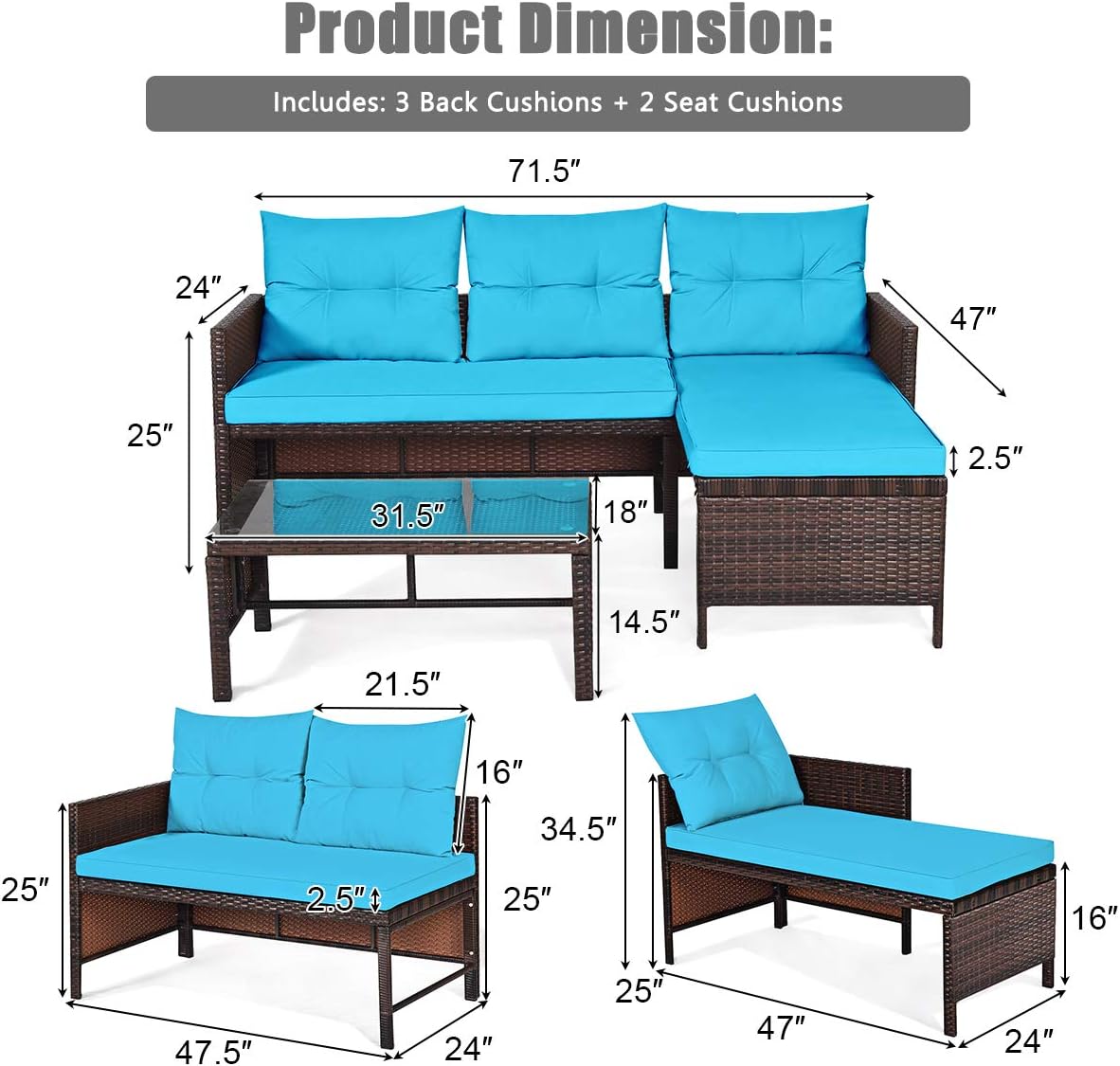 3 Pieces Rattan Sectional Sofa Set, Patio Wicker Rattan Conversation Set with Chaise Lounge, Love Seat & Coffee Table, Patio Furniture Set for Garden, Lawn, Poolside (Turquoise)
