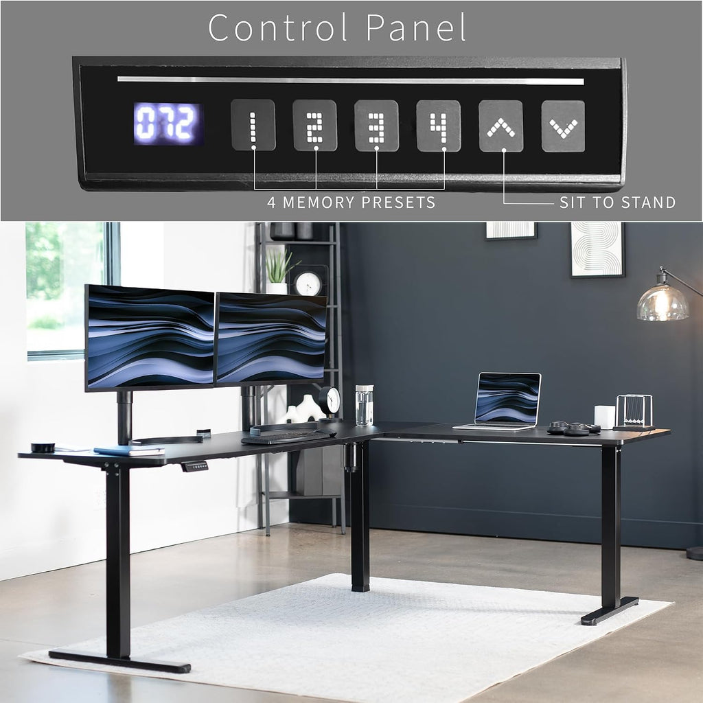 VIVO Corner Standing Desk, 84 x 63 inch Reversible L-Shaped Workstation, Electric Height Adjustment, Home, Office, and Reception Rooms, Black Table Top Black Frame, DESK-E3CTBB-84