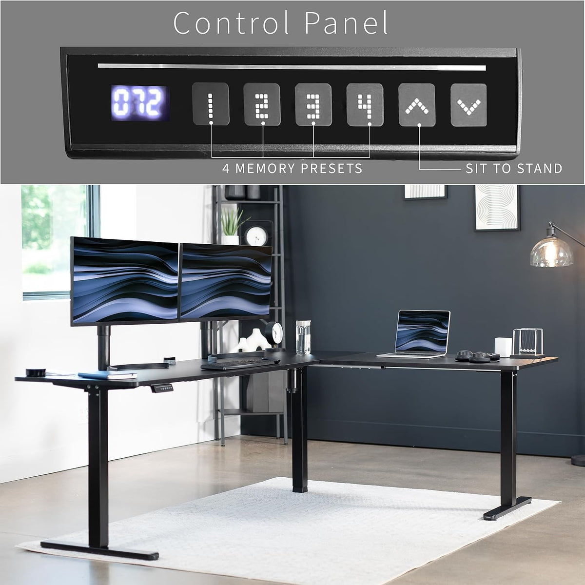 VIVO Corner Standing Desk, 84 x 63 inch Reversible L-Shaped Workstation, Electric Height Adjustment, Home, Office, and Reception Rooms, Black Table Top Black Frame, DESK-E3CTBB-84