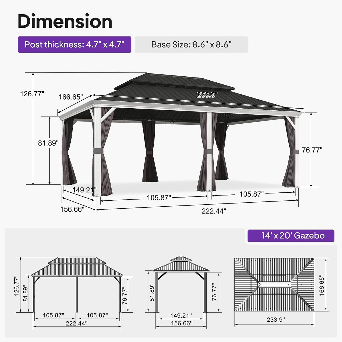 PURPLE LEAF 14' X 20' Hardtop Gazebo with Double Galvanized Steel Roof Awning and Upgrade Curtain for Patio Lawn and Garden, Grey