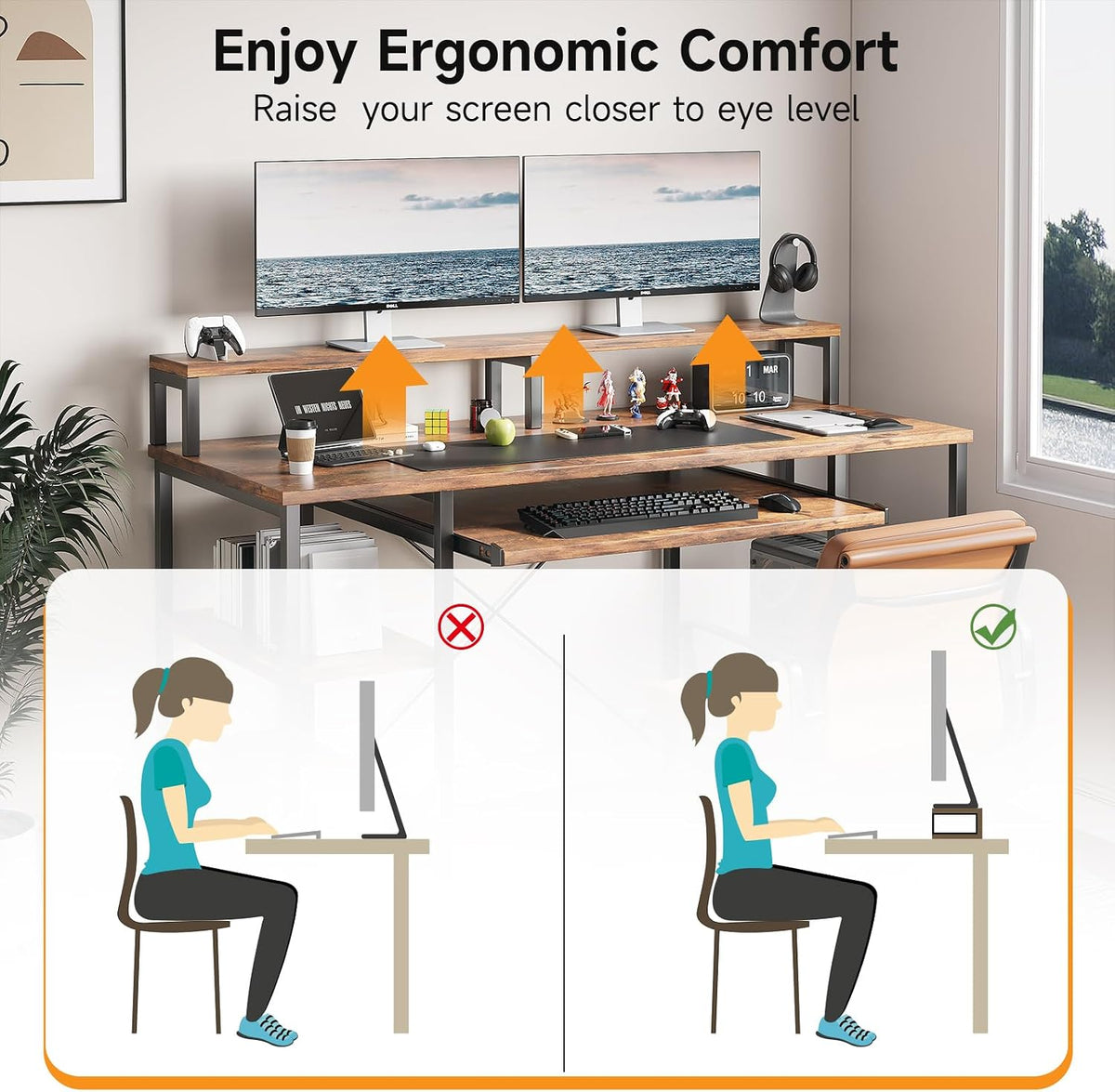 VERMESS 48Inch Computer Desk, Home Office Desks with Keyboard Tray, Gaming Desk with CPU Stand Shelf,Industrial Study Table Wide Writing Desk with Storage Shelves for 2 Monitors, Rustic Brown