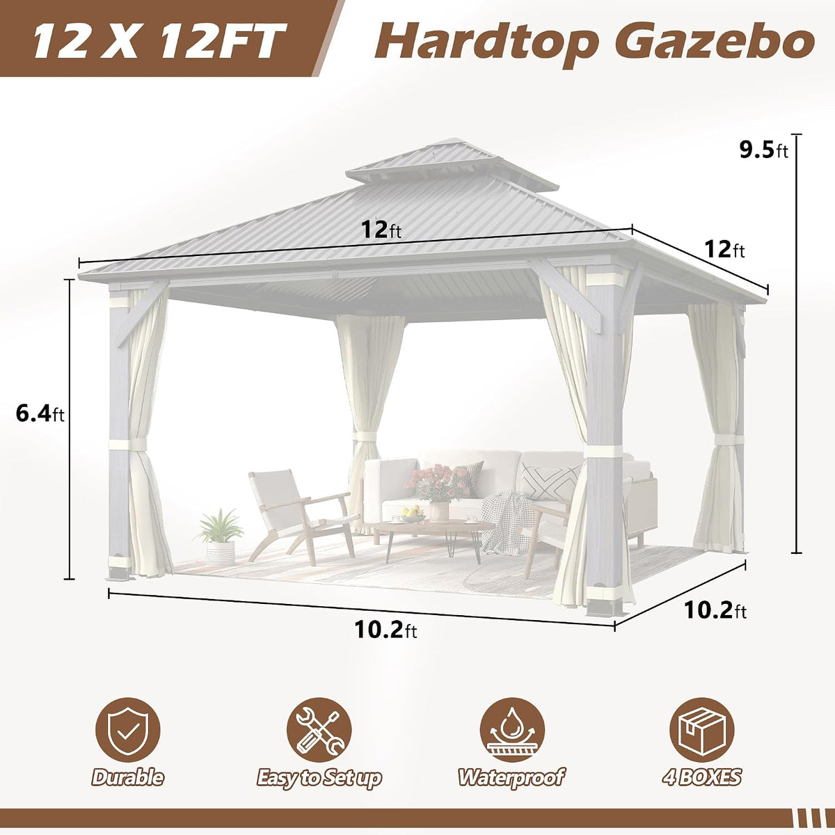 12' x12' Wood Gazebo, Outdoor Hardtop Gazebo with Wood Posts and Galvanized Steel Doule Roof, Wooden Frame Gazebos with Netting and Curtains for Patio Backyard Deck Garden