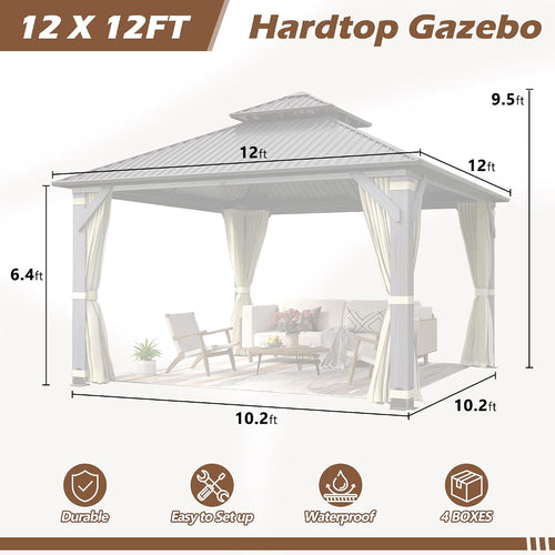 12' x12' Wood Gazebo, Outdoor Hardtop Gazebo with Wood Posts and Galvanized Steel Doule Roof, Wooden Frame Gazebos with Netting and Curtains for Patio Backyard Deck Garden