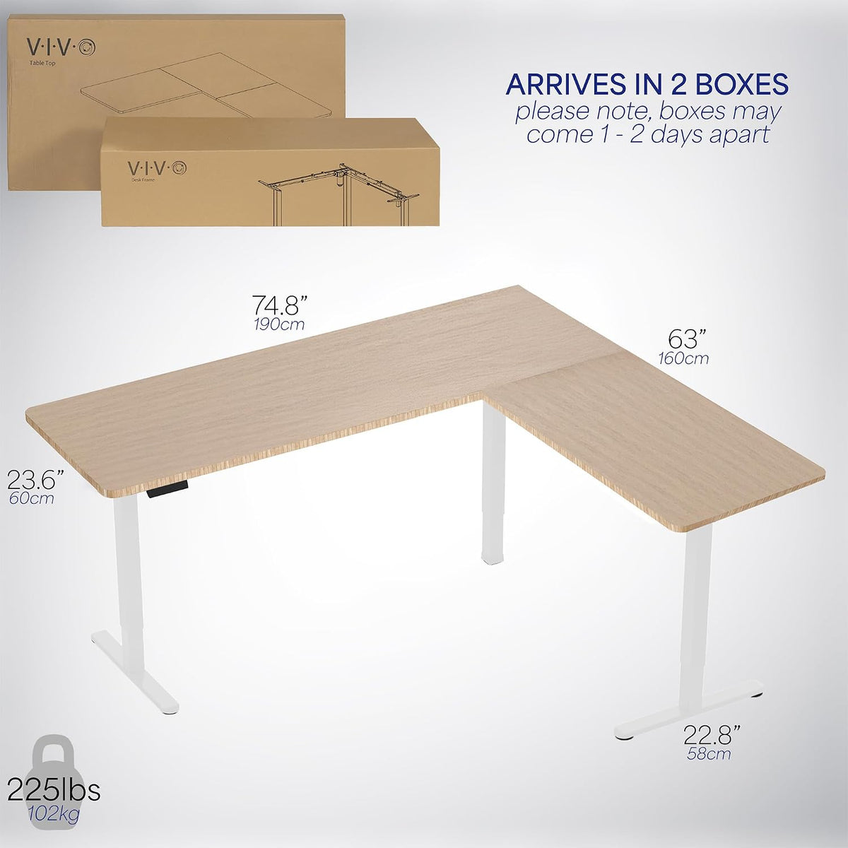 VIVO Corner Standing Desk, 75 x 63 inch Reversible L-Shaped Workstation, Electric Height Adjustment, Home, Office, and Reception Rooms, Real Bamboo Table Top White Frame, DESK-E3CTWO-75