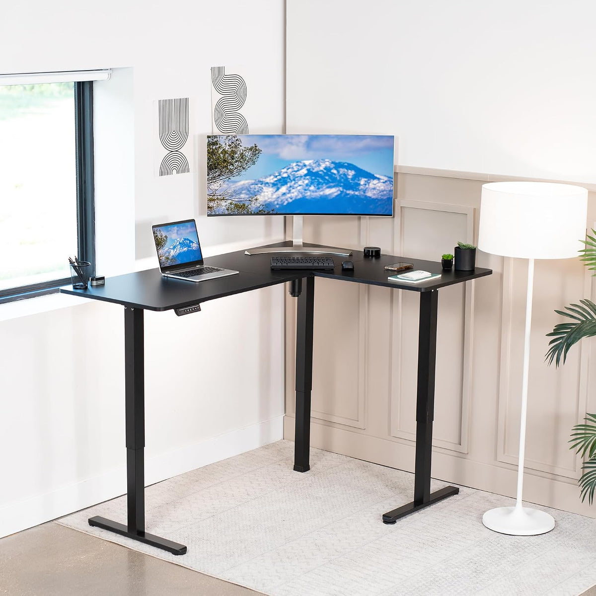 VIVO Corner Standing Desk, 63 x 47 inch Reversible L-Shaped Workstation, Electric Height Adjustment, Home, Office, and Reception Rooms, Black Table Top Black Frame, DESK-E3CTB-47