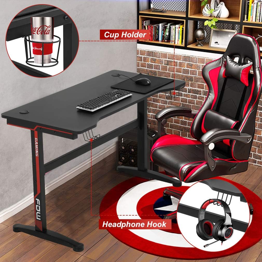 BestOffice Gaming Desk Computer Desk Home Office Desk Extra Large Modern Ergonomic PC Carbon Fiber Writing Desk Table with Cup Holder Headphone Hook