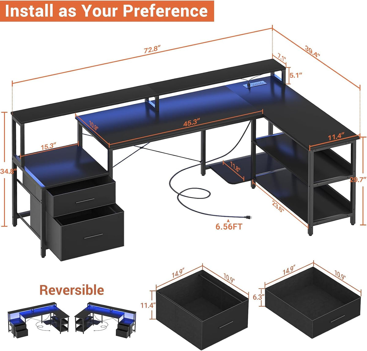 Aheaplus L Shaped Desk with File Drawer, 72.8' Reversible L Shaped Computer Desk with Power Outlet & LED Strip, Gaming Desks with Long Monitor Stand, Corner Office Desks with Storage Shelf, Black