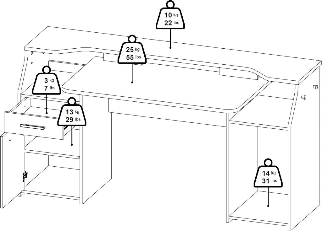 Tvilum Function Plus Computer Gaming Desk with Storage Shelves, Drawer and Monitor Riser, Black Color Finish