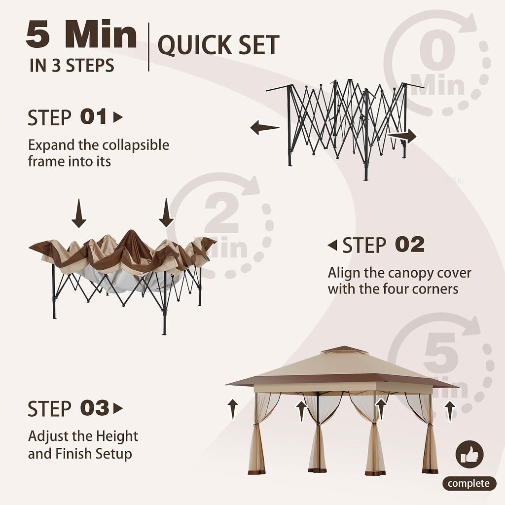Bezseller 13x13 Pop Up Gazebo with Mosquito Netting – Easy 1-Person Setup, Water-Resistant Backyard Canopy for Family Patio & Garden Use,Khaki