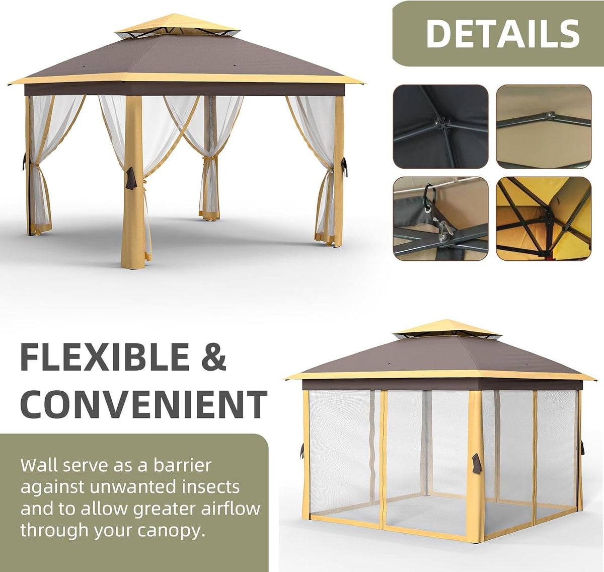 Garvee 11x11 ft Outdoor Gazebo, Heavy Duty Gazebo with Sturdy Metal Frame & Double Roofs, Patio Shelter with Mosquito Netting, Ideal for Backyard, Garden, Lawn, Deck, Khaki