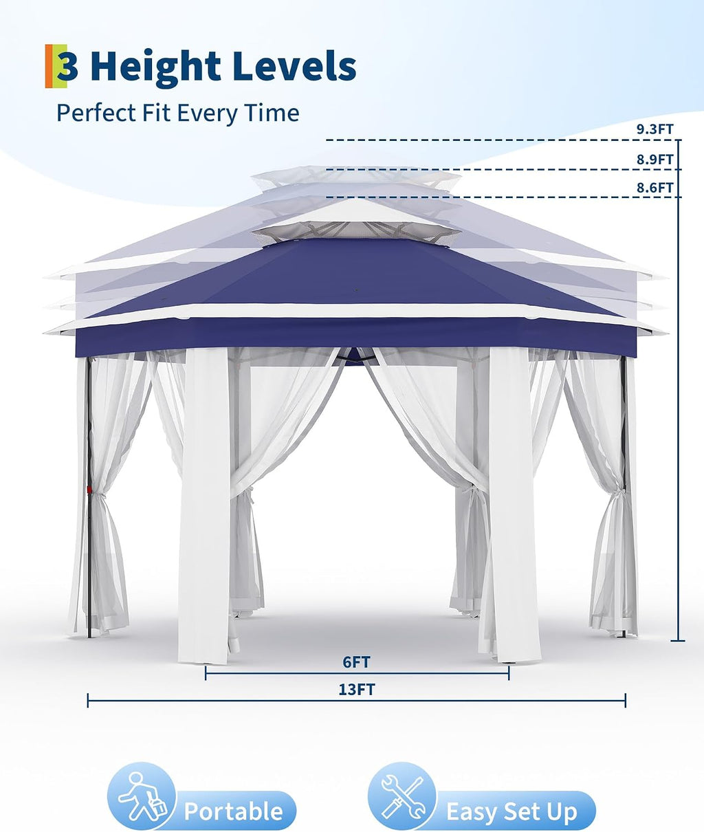 GarveeLife 13'x13' Pop-Up Gazebo, Outdoor Hexagonal Patio Gazebo with Mosquito Netting, Instant Setup Canopy Tent with Strong Steel Frame and Sandbags, for Backyard, Gardens, Patio (Blue)
