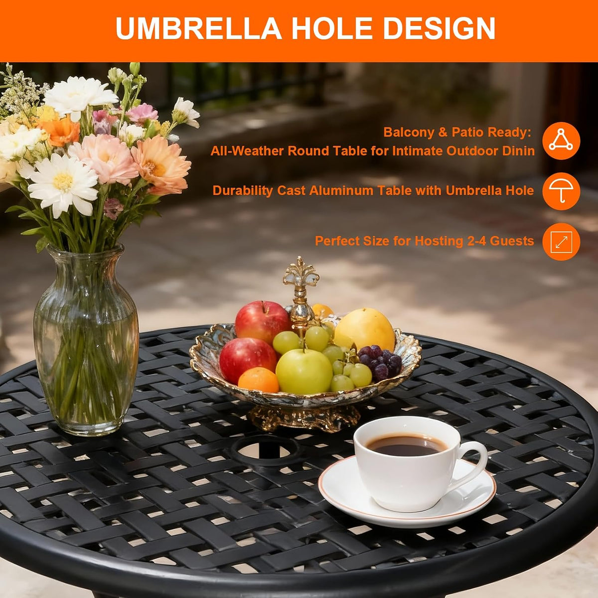 3 Piece Patio Bistro Set with Cushions, Outdoor Bistro Table and Chairs Set of 2 with Umbrella Holes, All Weather Bistro Table Set for Garden Porch Pools (Black 4)