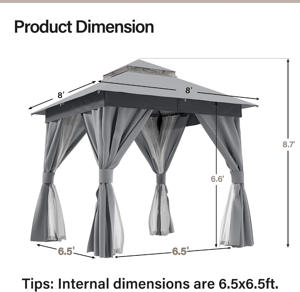 LAUSAINT HOME 8'x8' Outdoor Gazebo, Metal Frame Heavy Duty Patio Canopy Tent Shelter with Double Roofs, Mosquito Nettings and Privacy Screens for Backyard, Garden, Lawn, Gray