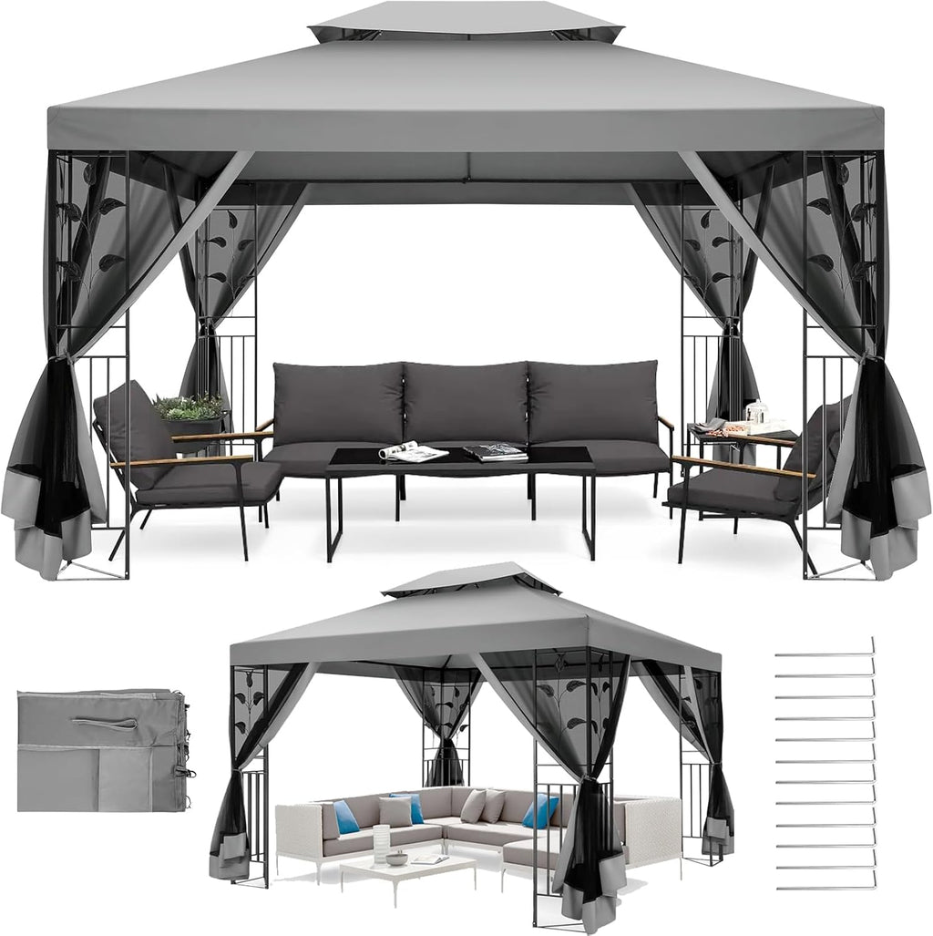 COBIZI Gazebo 10x13 Heavy Duty Gazebo with Improved Nettings Outdoor Double Roof Patio with Metal Steel Frame Outdoor Canopy Tent for Patio, Deck, Backyard (Gray, Nettings)