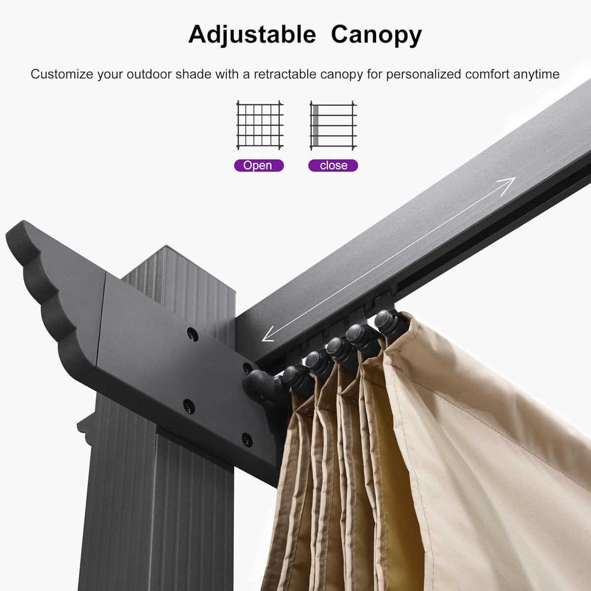PURPLE LEAF 10' X 10' Outdoor Pergola with 4-Sided Curtains Retractable Canopy Patio Aluminum Sun Shade for Garden Deck Porch Gazebo Pavilion Grill Modern Yard Grape Trellis Pergola Beige