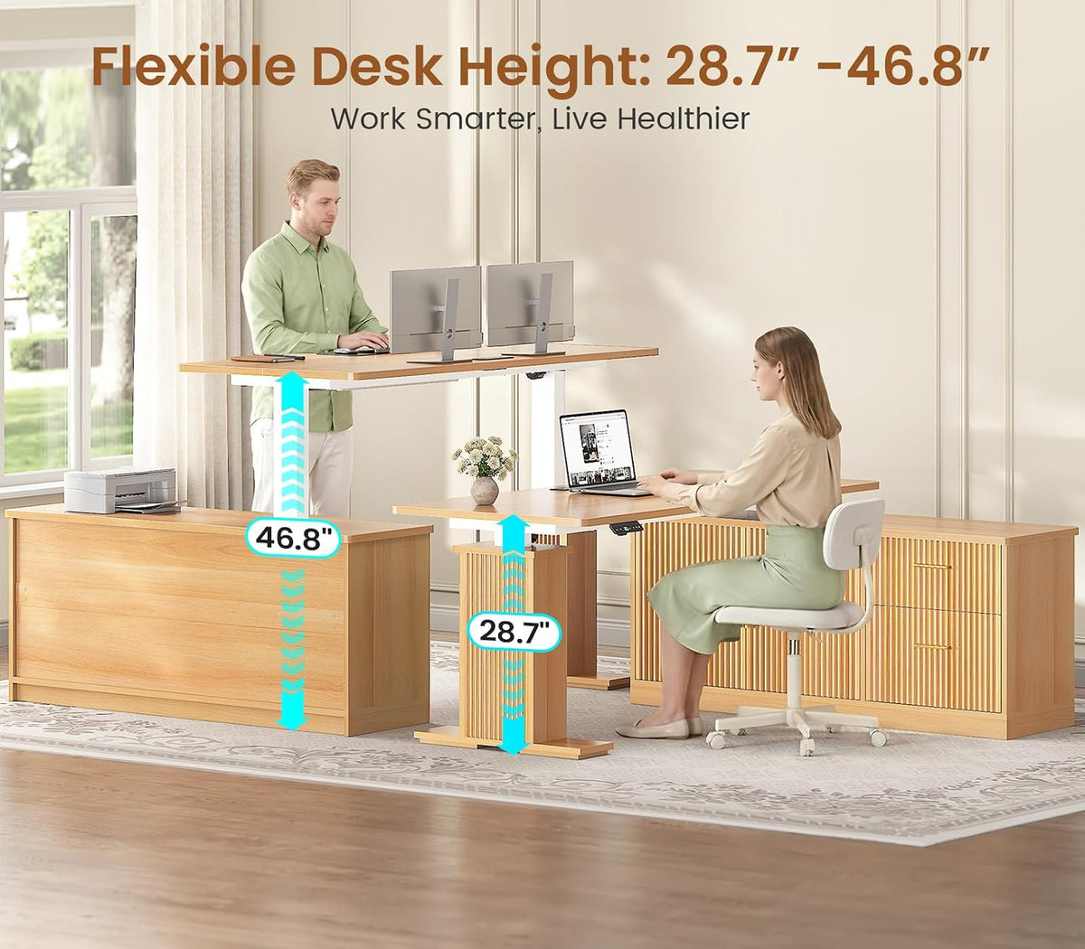 SEDETA L Shaped Electric Standing Desk, 55 inch Height Adjustable Office Executive Desk with Storage Drawers, Fluted Sit Stand Corner Computer Desk with Power Outlets for Home Office, Oak