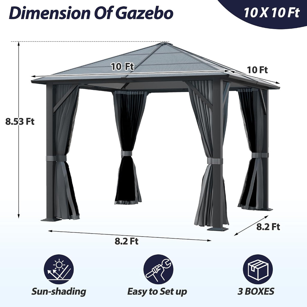 9.7 x 9.7FT Gazebo Hardtop, Outdoor Patio Gazebos with Polycarbonate Roof & Steel Frame, Outdoor Pavilion with Gray Curtain&Netting for Backyard/Lawn/Garden/Deck