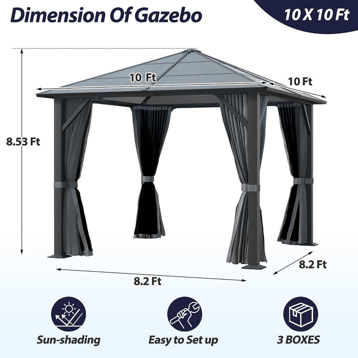 9.7 x 9.7FT Gazebo Hardtop, Outdoor Patio Gazebos with Polycarbonate Roof & Steel Frame, Outdoor Pavilion with Gray Curtain&Netting for Backyard/Lawn/Garden/Deck