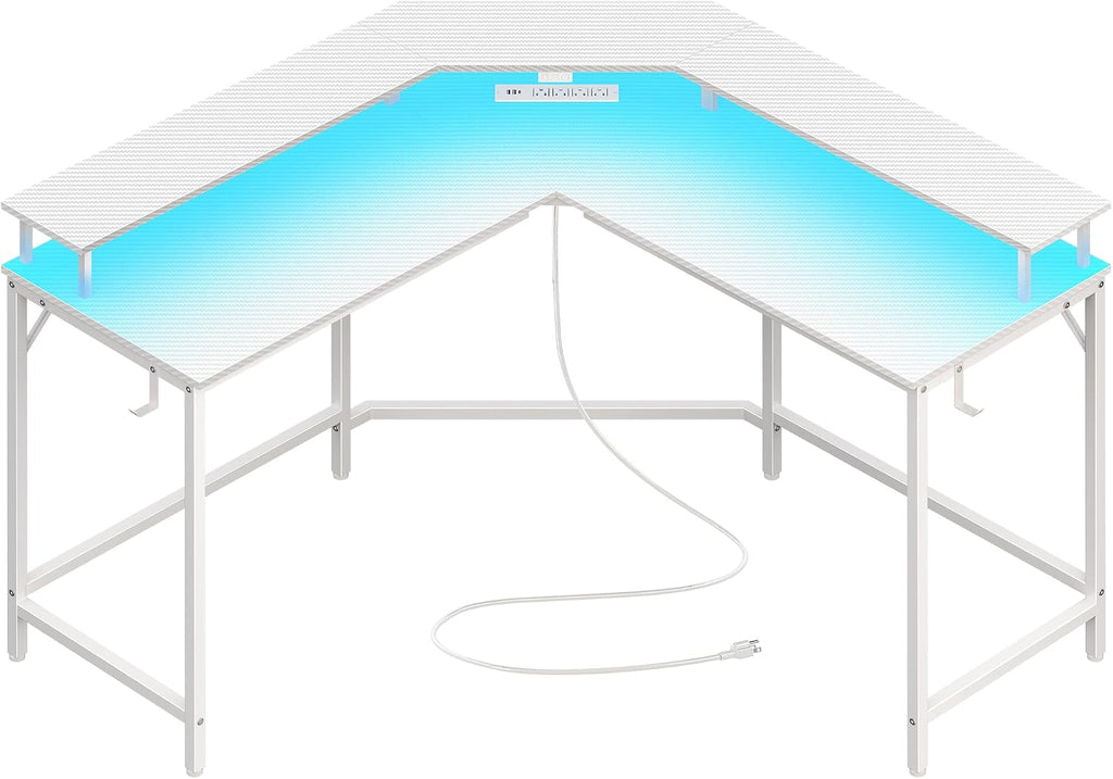 Huuger L Shaped Gaming Desk with Power Outlets & LED Lights, Computer Desk with Monitor Shelves, Carbon Fiber Surface, Home Office Desk, Corner Gaming Desk with Hooks, Carbon Fiber White