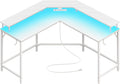 Huuger L Shaped Gaming Desk with Power Outlets & LED Lights, Computer Desk with Monitor Shelves, Carbon Fiber Surface, Home Office Desk, Corner Gaming Desk with Hooks, Carbon Fiber White