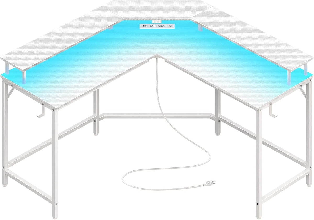 Huuger L Shaped Gaming Desk with Power Outlets & LED Lights, Computer Desk with Monitor Shelves, Carbon Fiber Surface, Home Office Desk, Corner Gaming Desk with Hooks, Carbon Fiber White