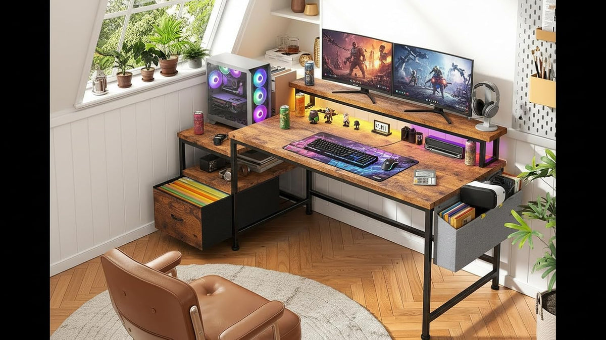 DurayLoly Computer Desk with Monitor Stand,Office Desk with LED Lights &Power Outlets,Gaming Desk with Drawers & Printer Shelf,Writing Table with Side Storage Bag,57' W x 20' D x 36' H,Rustic Brown