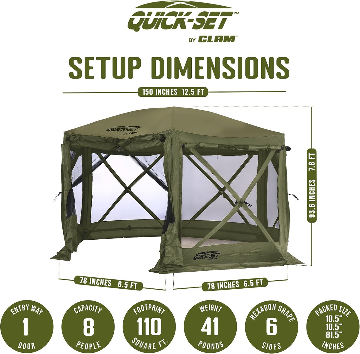 CLAM Quick-Set Pop Up Screen Tent, Pavilion, 12.5 ft, Instant Setup Green Large Outdoor Gazebo Canopy Shelter, Spacious 8-Person Bug-Free Tent for Parties, Backyard, Camping, Events - Green
