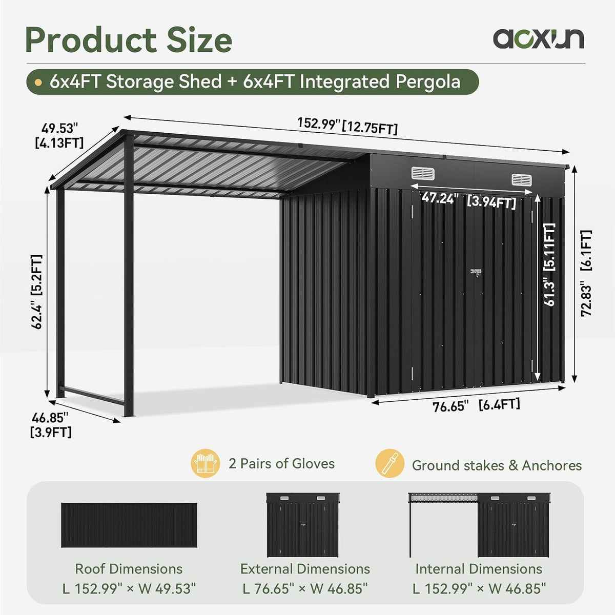 Aoxun 6x4FT Outdoor Storage Shed & Hardtop Gazebo Combo, 12x4FT Metal Lean to Shed with Open-Sided Pergola, 2-in-1 Durable Garden Tool Shed for Patio, Backyard, Deck