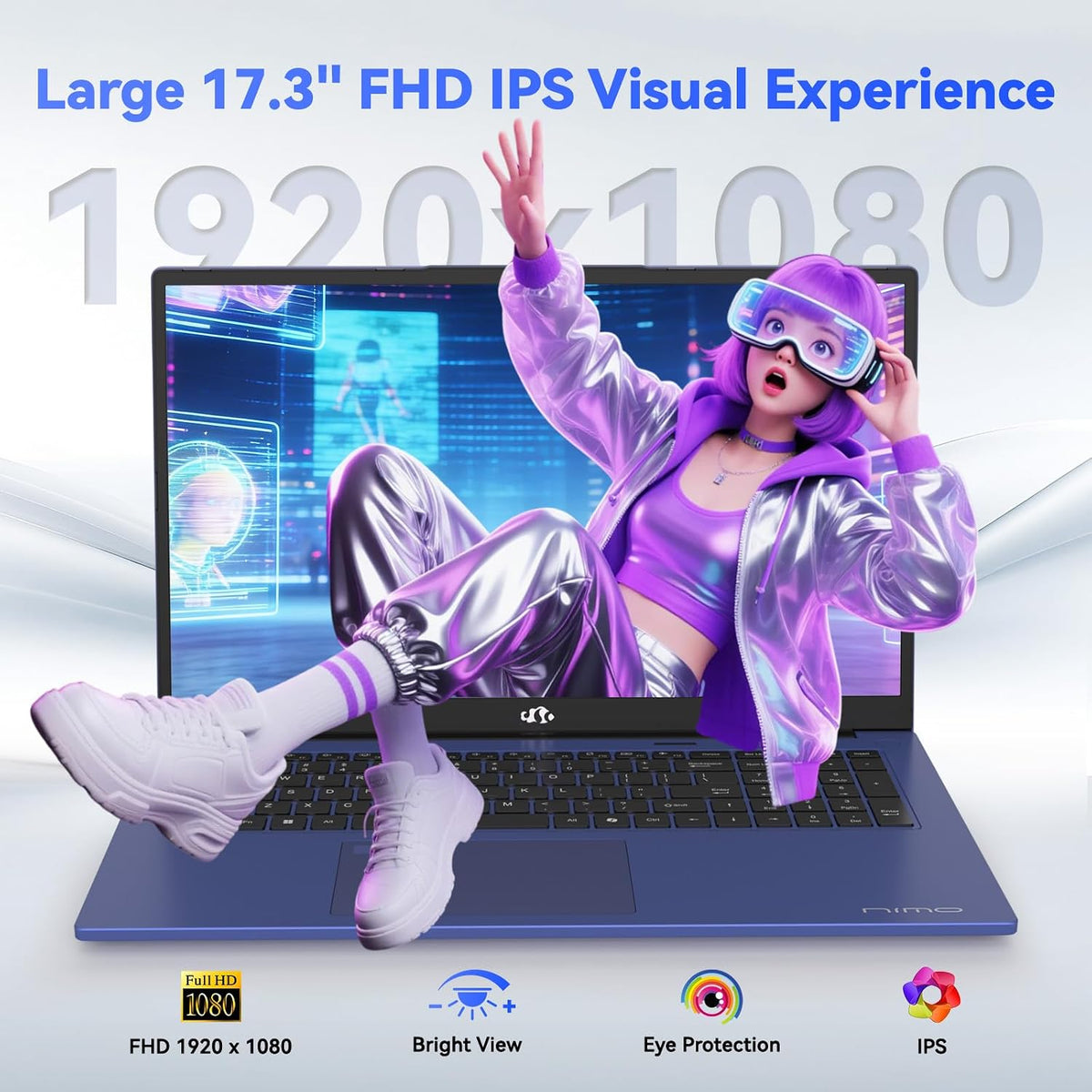 NIMO 17.3' FHD Gaming Laptop – AMD Ryzen 7 7735HS 8-Core/16-Thread, Radeon 680M Graphics, 16GB DDR5, 1TB NVMe SSD, Light Gaming & Esports Ready, Backlit Keyboard, Fingerprint Unlock, 100W PD Type-C