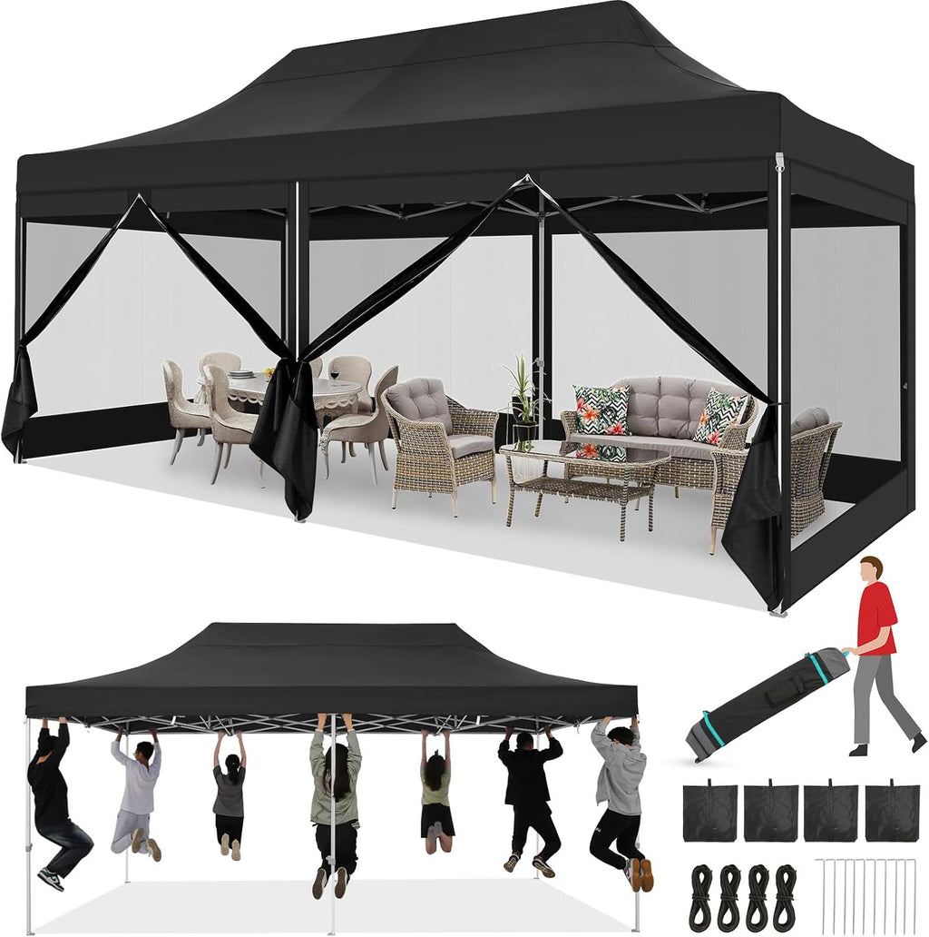 COBIZI 10x20 Heavy Duty Pop Up Canopy Tent with 6 Sidewalls, Easy Set Up Outdoor Waterproof Screen Commercial Party Tent with Mosquito Netting for Parties Backyard Patio, Roller Bag, Black