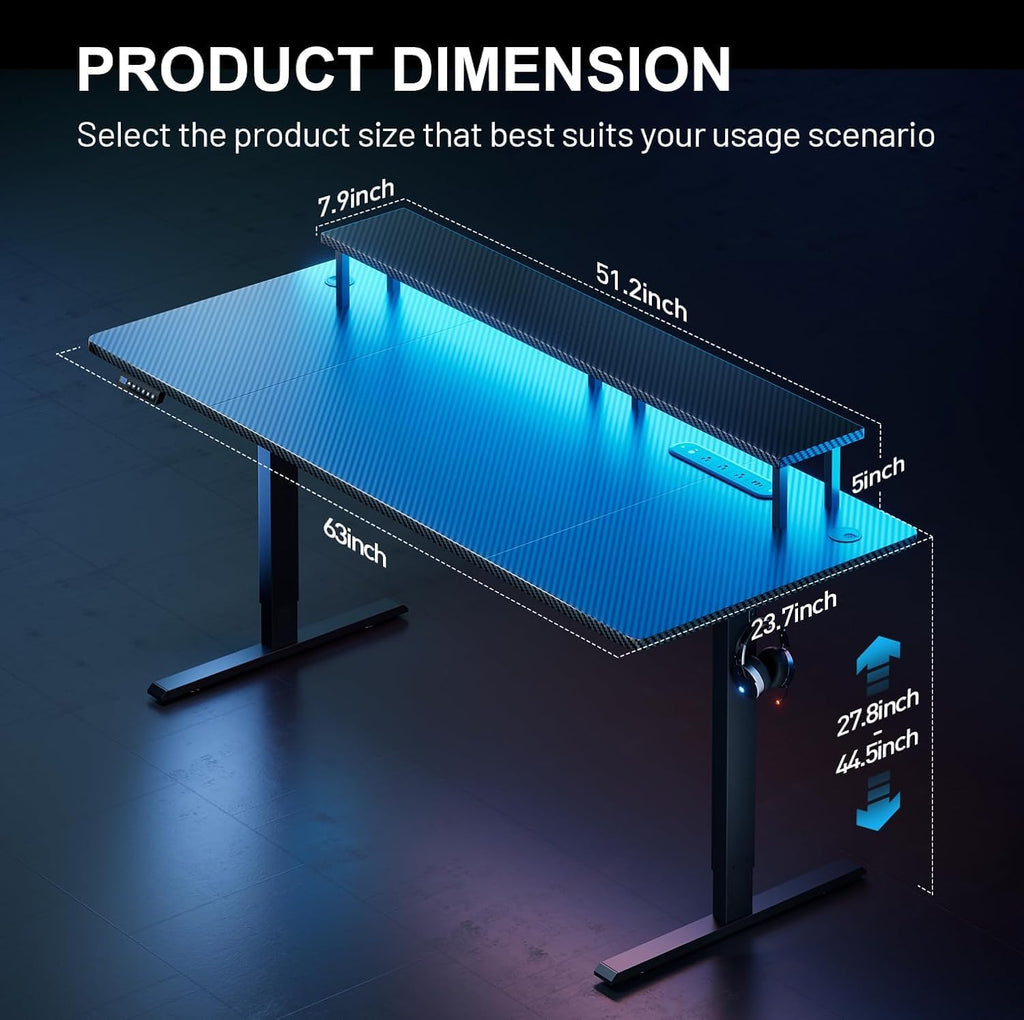 HLDIRECT Electric Standing Gaming Desk with LED Lights, 63 Inch Height Adjustable Gaming Table Sit Stand Computer Workstation with Power Outlet & Monitor Stand, Rising Desk for Office, Home, Black