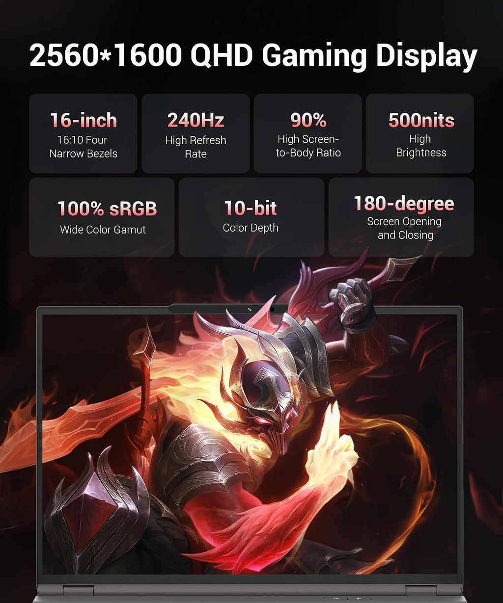 Gaming Laptop RTX 5060, 2560x1600 16in 240Hz 2.5K QHD+, AMD Ryzen 7 H 255 Processor (8C/16T, 4.9GHz), 8GB GDDR7 VRAM, 16GB DDR5 512GB SSD (96GB RAM Expandable), Backlit Keyboard, Metal Design