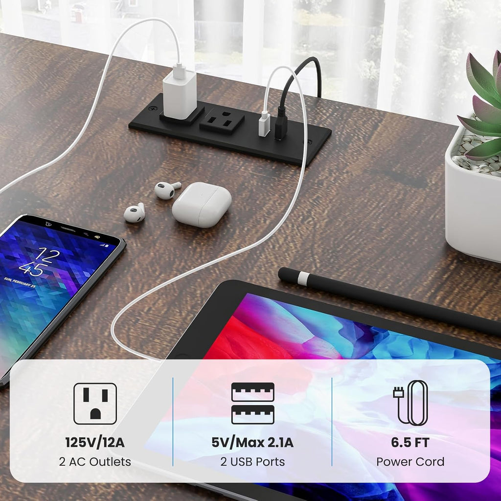 Tangkula 2-Person Reversible Computer Desk with LED Lights, 94.5' Long Office Desk with Power Outlets, Monitor Stand, Keyboard Tray & 2 Storage Shelves, Double Desk for Gaming Working Writing (Walnut)