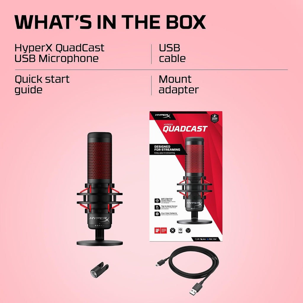 HyperX QuadCast - USB Condenser Gaming Microphone, for PC, PS4, PS5 and Mac, Anti-Vibration Shock Mount, Four Polar Patterns, Pop Filter, Gain Control, Podcasts, Twitch, YouTube, Discord, Red LED