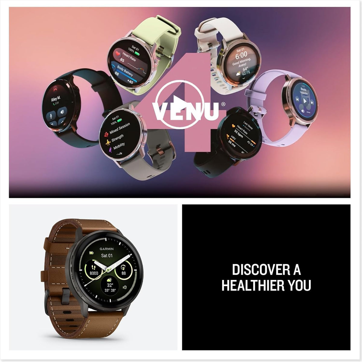 Garmin Venu 4 (45mm) Smartwatch – GPS, AMOLED, Sleep Coach, Body Battery, Slate w/Black Band and Brown Leather Band Bundle w/Deco Essentials Charging Dock, 3-Pack Dust Covers & 1.4' Screen Protector