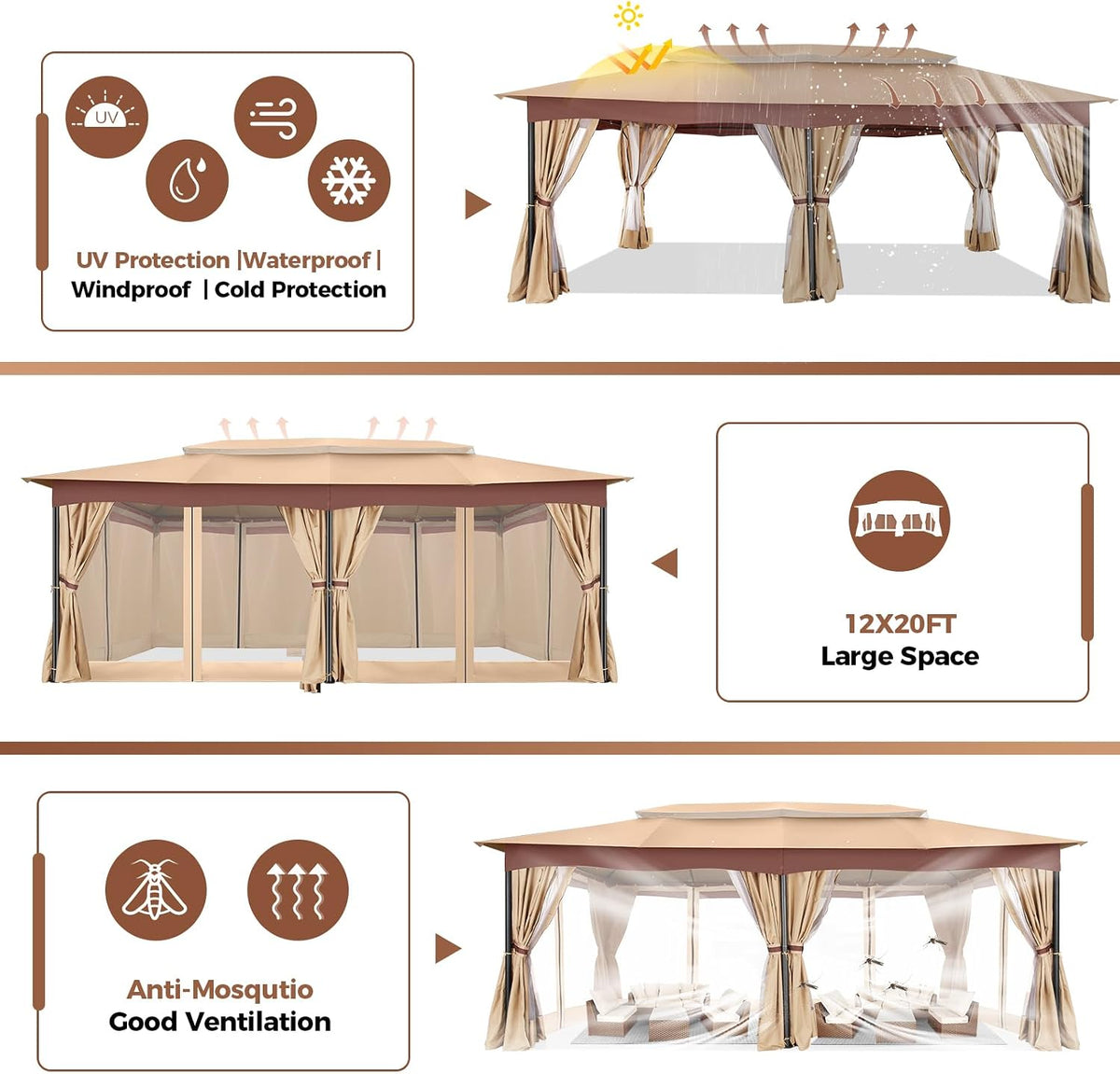 COBIZI 12x20 Outdoor Patio Gazebo, Double Roof Soft Top Canopy with Privacy Curtains and Mosquito Netting, Heavy Duty Steel Frame Shade Shelter for Backyard, Garden, Deck, Poolside - Khaki