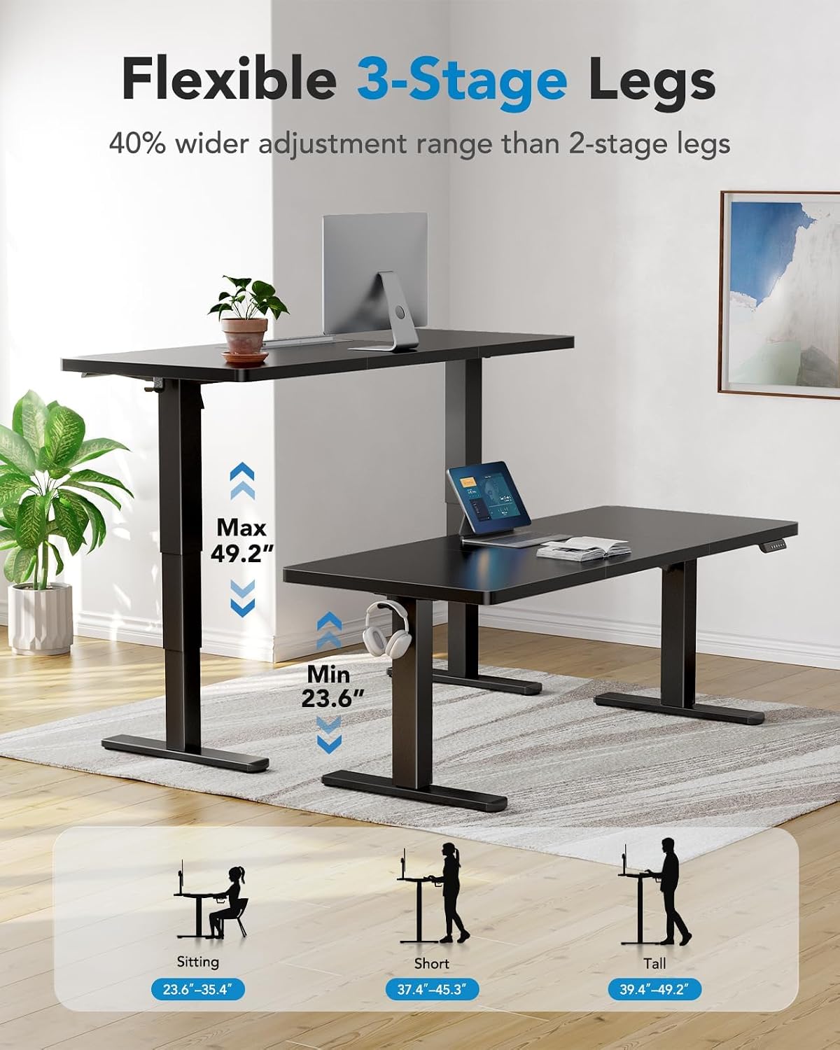 HUANUO 59x30 Inch 3-Stage Legs Electric Standing Desk, Large Height Adjustable Office Desk with Brushless Motor, Stand Up Desk with 4 Memory Presets & 2 Hooks, Computer Desk for Home Office, Black