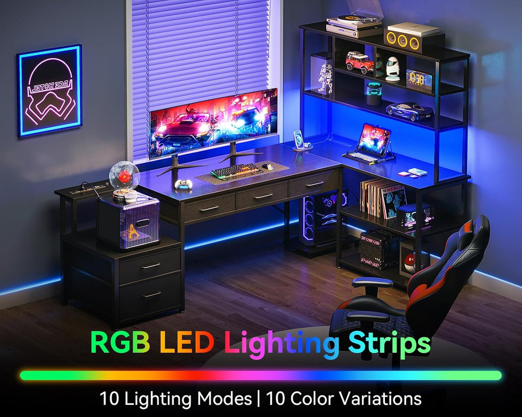 AODK 79 inch L Shaped Desk with 5 Drawers, Reversible L Shaped Gaming Desk with LED Light & 2 Power Outlets, Computer Desk with Storage Shelves for Home Office, Black