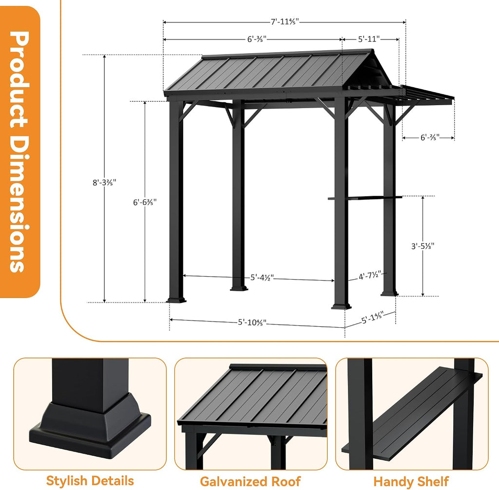 Covered Outdoor Grill Gazebo 6' x 8' with Galvanized Steel Roof and Pergola Extension, BBQ Gazebo with UV Blocking & Waterproof Design, Grill Canopy with Shelves, Rust-Resistant, 4-Season Use