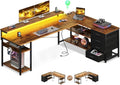 AODK 69' L Shaped Desk with Drawer, Computer Desk with Power Outlets & LED Lights, Reversible Corner Gaming Desks for Home Office Workstation, Office Table with Monitor Shelf, Vintage