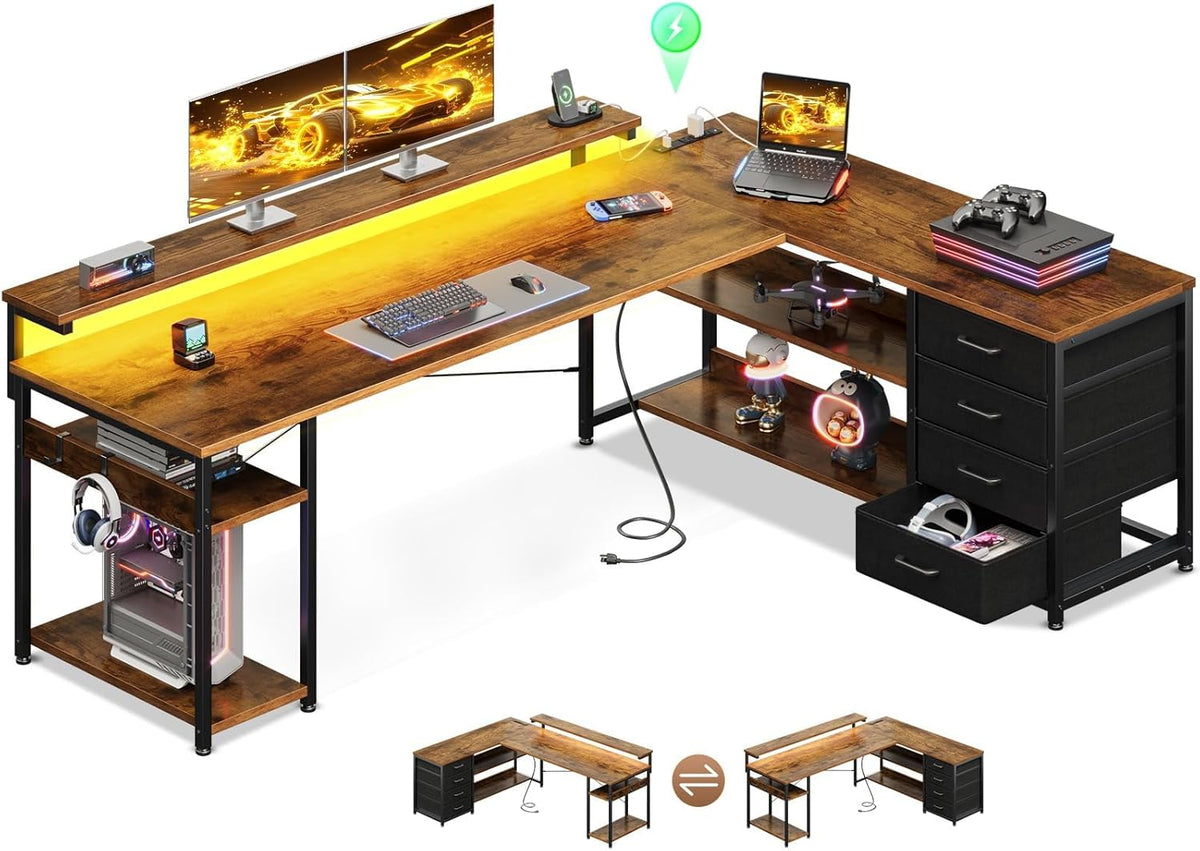 AODK 69' L Shaped Desk with Drawer, Computer Desk with Power Outlets & LED Lights, Reversible Corner Gaming Desks for Home Office Workstation, Office Table with Monitor Shelf, Vintage