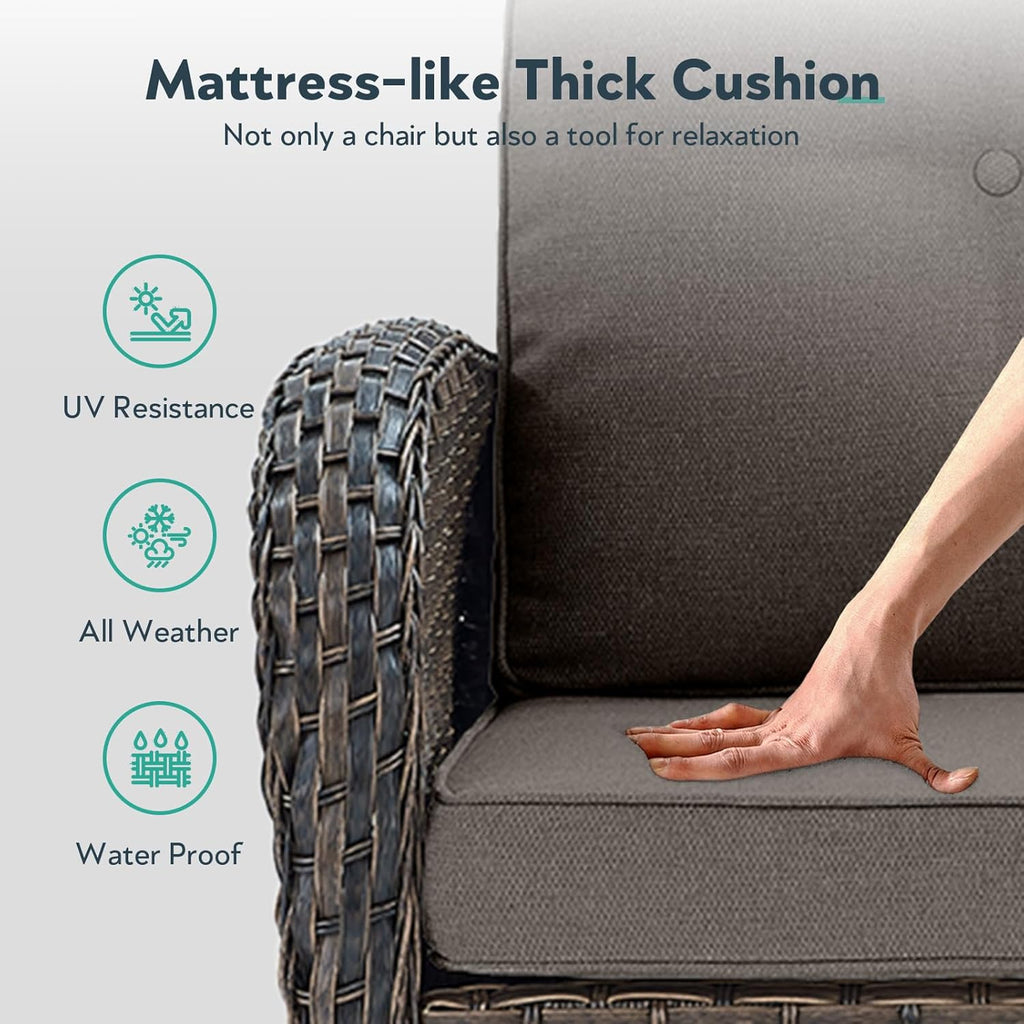 Outdoor Swivel Glider Rocker Chairs Set- 5 Piece Patio Furniture Set, Patio Bistro Sets with Tempered Glass Side Table and 2 Ottoman, for Balcony, Porch - Brown Wicker, Grey Cushion