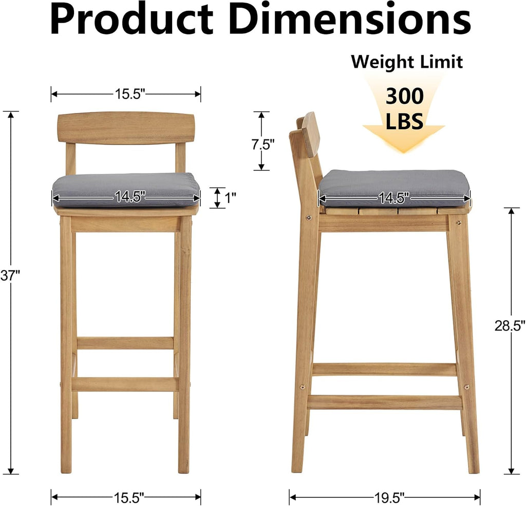 Patio Bar Stools Set of 4, Solid Acacia Wood Patio Barstools with Footrest, 28.5' Counter Height Outdoor Bar Stools, High Top Patio Bar Chairs for Balcony/Deck/Kitchen Island/Bistro, Grey