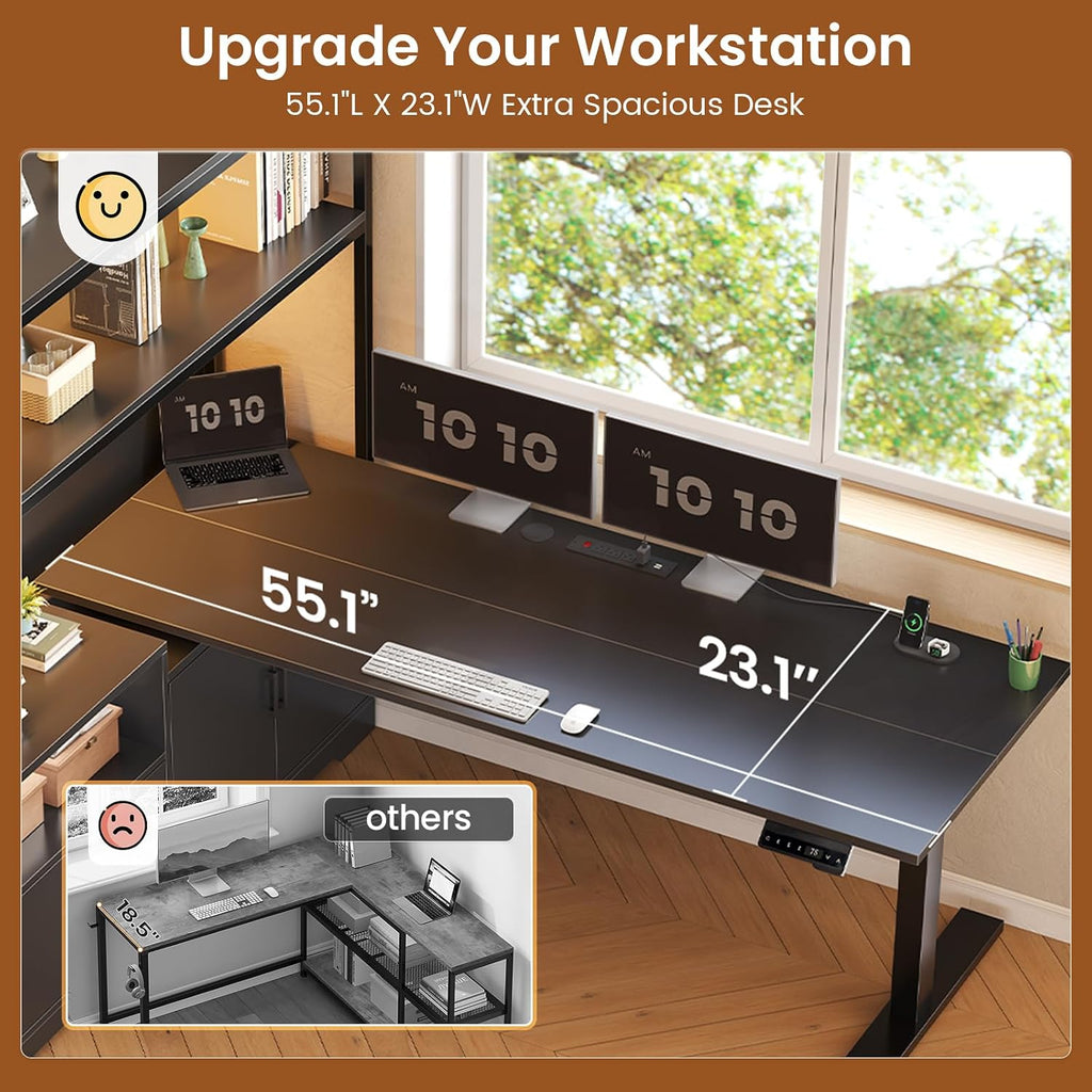 SEDETA 56.7' L Shaped Standing Desk, Reversible Computer Office Desk with Drawers & Hutch, Stand Up Corner Gaming Desks with LED Lights & Power Outlets for Home Office, Black