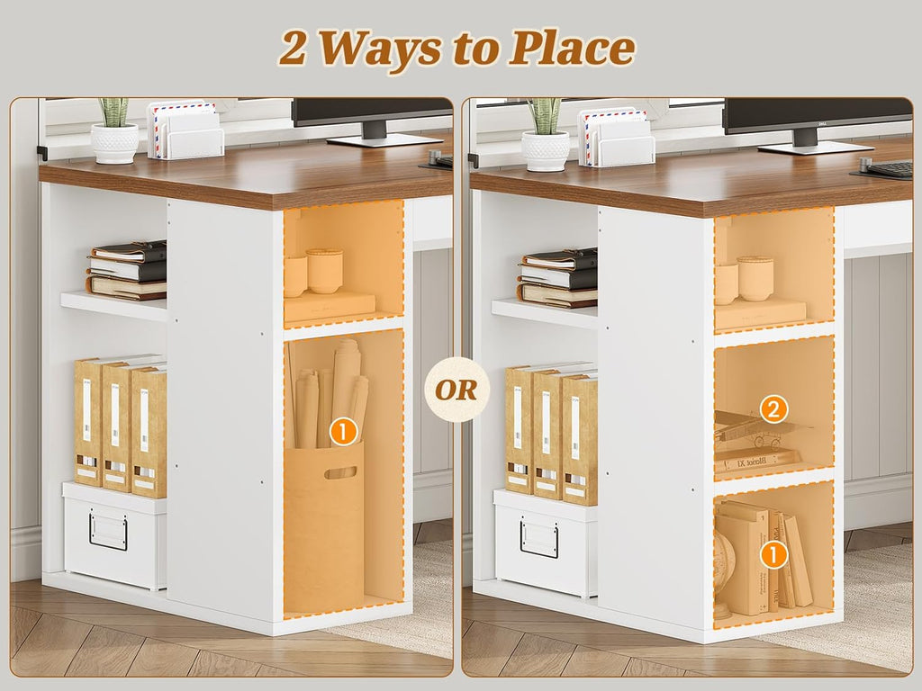 SEDETA Farmhouse 96.5' Computer Desk with Drawers, 2 Person Home Office Desk, Gaming Double Desk with Storage Shelves, Long Two Person Writing Desk (White and Brown)