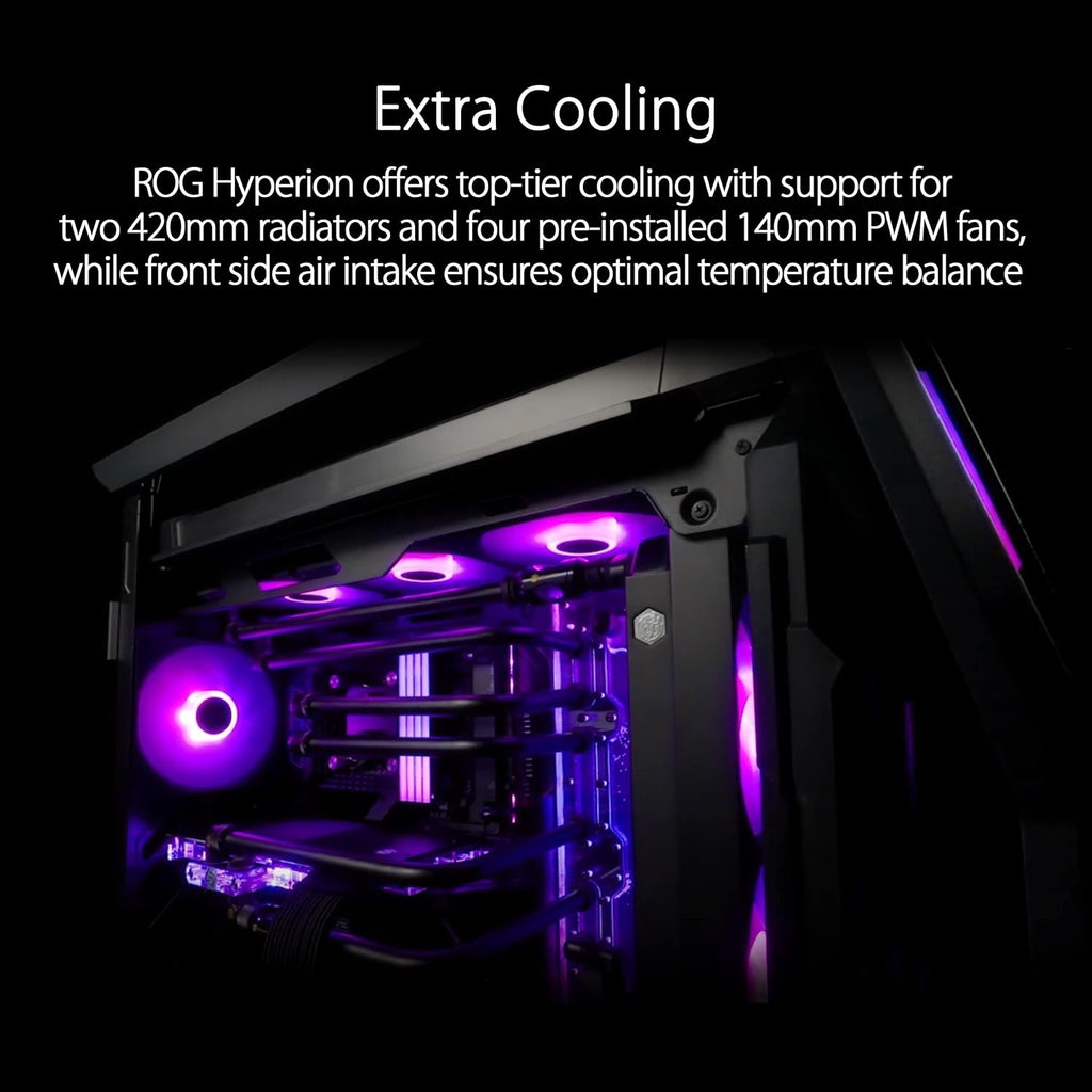 ASUS ROG Hyperion GR701 EATX Full-Tower Gaming Case, High Airflow Design, Tool-Free Side Panels, Pre-Installed 4x140mm Fans, Supports 420mm Radiators, Built-in Graphics Card Holder, Front USB Type-C